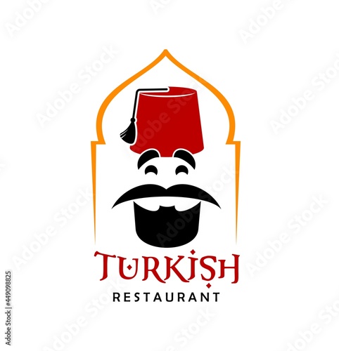 Turkish cuisine restaurant chef icon. Vector emblem with bearded Turk in traditional fez inside of arch isolated on white background. Turkey food label for cafe, menu design or national food festival