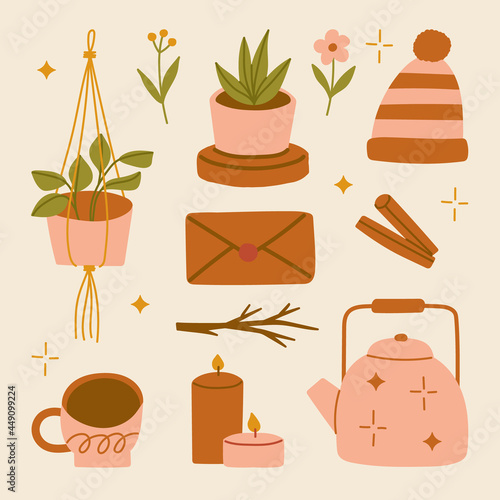 illustration set of autumn home cozy elements Scandinavian hygge style accessories fall flowers and leaves cinnamon envelope candle kettle hot drink hanging plant pot beanie hat