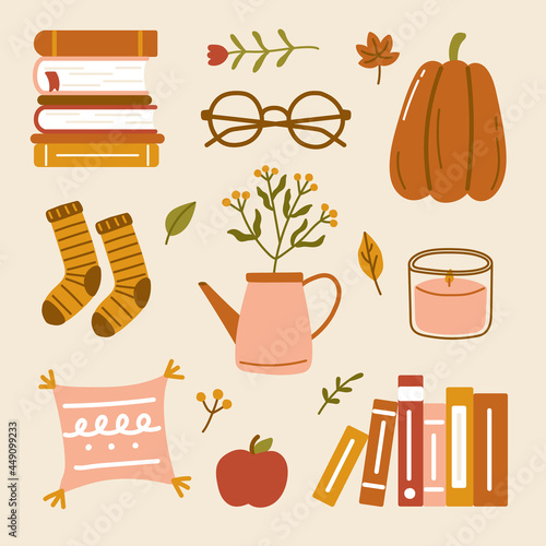 Hand drawn cute hygge autumn home cozy elements Scandinavian style book socks pillow candle leaves flower apple eyeglasses pumpkins fall season illustration