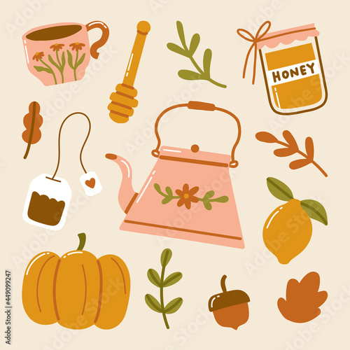 Autumn hygge doodle cozy things tea cup teapot tea bag honey jar dipper pumpkin lemon acorn maple leaves illustration