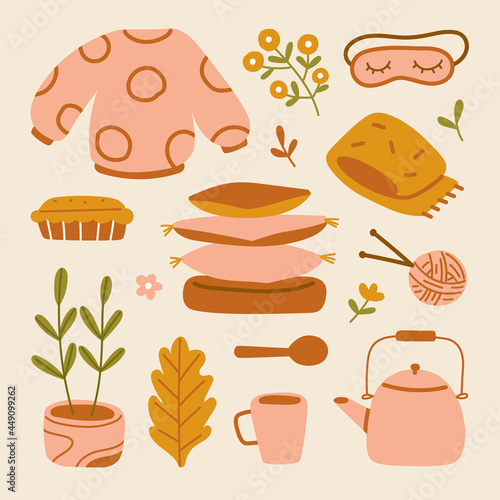 Autumn mood elements. fall cartoon hygge cozy sweater, leaves, flowers, pumpkin, pie, sleep eye mask, scarf, kettle, mug, potted plant, stack cushions, ball of yarn and needles illustration set.