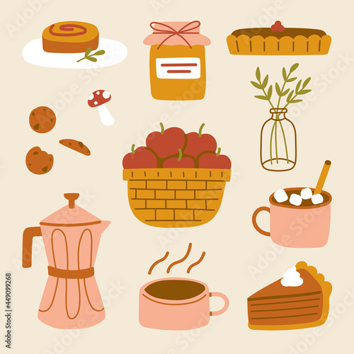 Cozy autumn set cute fall pumpkin spice pie cake jam hot chocolate drink apples mocha pot coffee mushroom cookies illustration