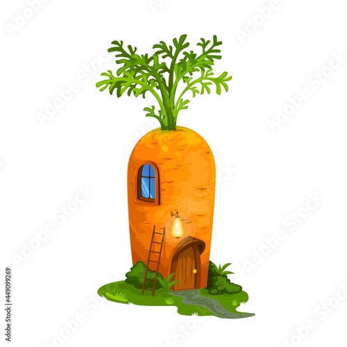 Fairy carrot, gnome house or dwelling for dwarfs and elf home hut, cartoon vector. Fairy tale carrot house of dwarf gnome in forest or garden, shelter house with door and window