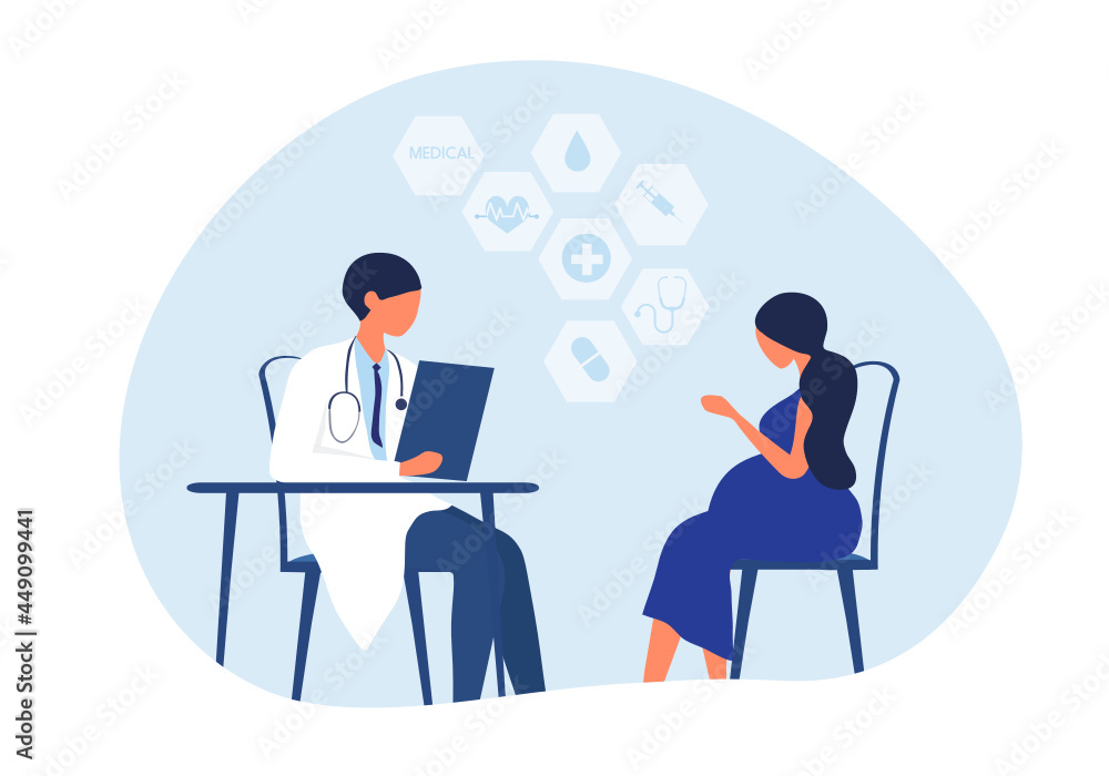 Pregnant woman consulting with doctor in hospital vector illustration Pregnant woman consulting with doctor in hospital vector illustration