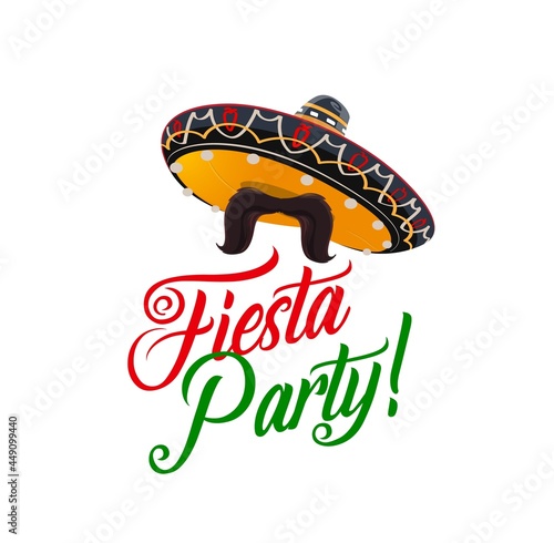 Fiesta party design. Mexican sombrero hat, mustaches or moustaches of mariachi musician. Mexico holiday celebration, latin music festival or parade event invitation vector element