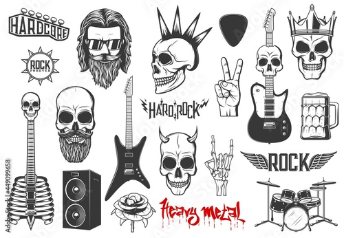 Hard rock music vector icons skull with mohawk and horns, guitars, heavy metal drums kit and dynamics. Rose flower, bearded rocker, hardcore rock music concert and festival monochrome isolated emblems