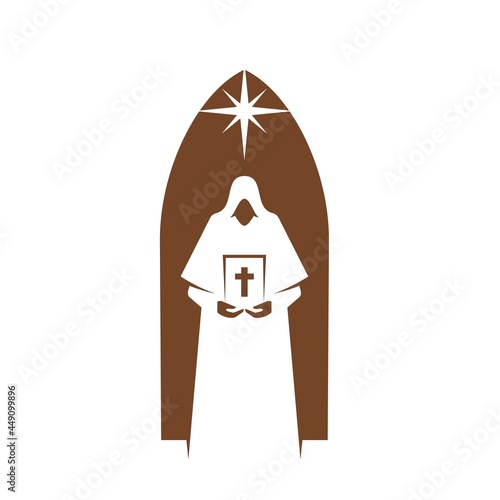 Christianity religion icon of priest with Bible, vector religious emblem. Christian church, Catholicism or Orthodox and evangelic religion sign of worship sign of Bethlehem star