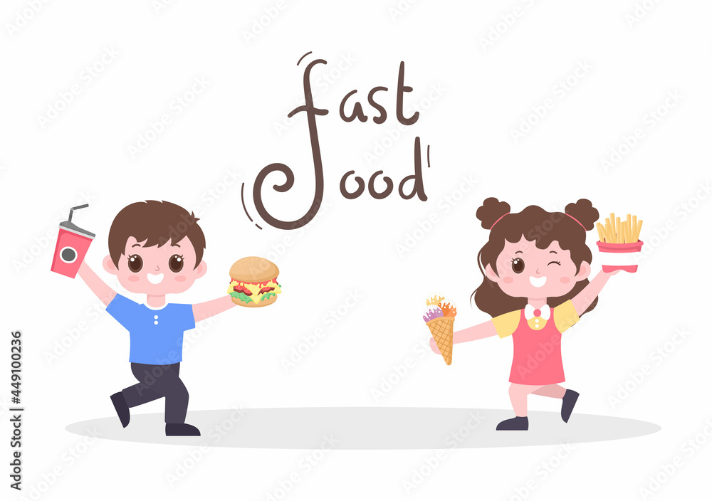 A Child Is Eating Fast Food Background Vector Illustration With Foods For Burger, Pizza, Donuts, French Fries, Hot Dog or Cola. Tasty Image Meal in Flat Style Design A Child Is Eating Fast Food Background Vector Illustration With Foods For Burger, Pizza, Donuts, French Fries, Hot Dog or Cola. Tasty Image Meal in Flat Style Design