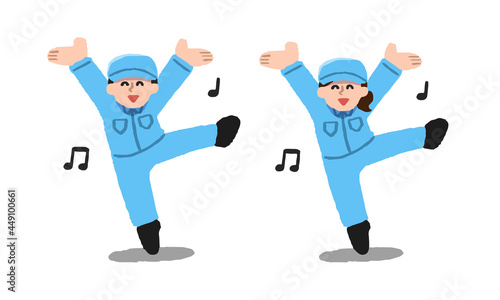 踊る作業員男女（手描きカラー）