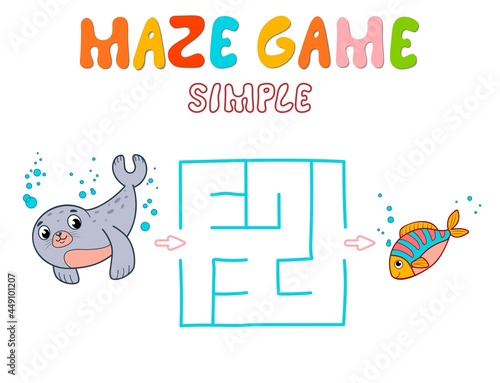 Simple Maze puzzle game for children. Color simple maze or labyrinth game with seal.