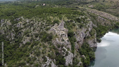 Panoramic View On Ruins Of Nutjak In Trilj, Croatia - aerial drone shot photo