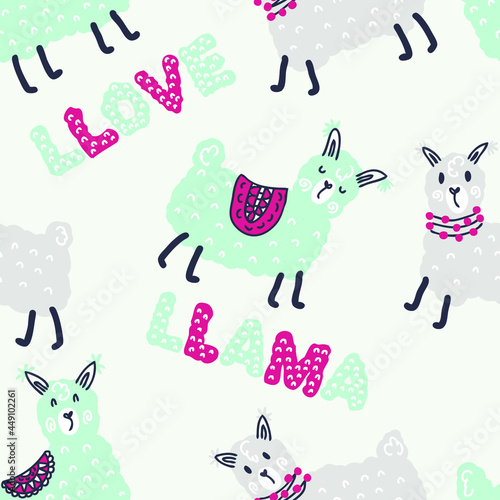 Pastel colored seamless pattern of lamas and text LLAMA LLOVE. Perfect for T-shirt, textile and prints. Hand drawn vector illustration for decor and design.
