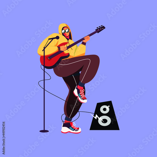 Vector illustration of young musician instrument playing guitar and also singing. photo