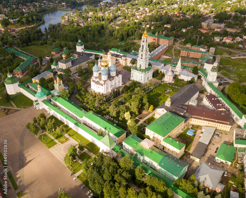 Aerial view of unique monastic complex of Trinity Lavra of St. Sergius, Sergiev Posad, Russia.