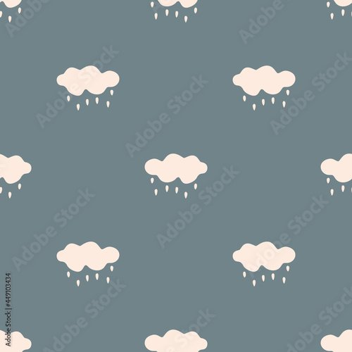 Seamless background rain cloud gender neutral pattern. Whimsical minimal earthy 2 tone color. kids nursery wallpaper or boho cartoon fashion all over print.