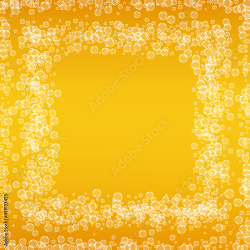 Oktoberfest background. Beer foam. Craft lager splash. Froth pint of ale with realistic bubbles. Cool liquid drink for bar. Yellow flyer layout. Golden jug for oktoberfest foam.
