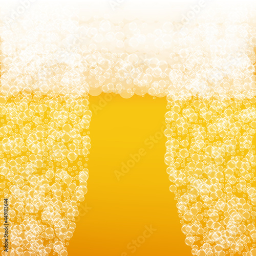 Craft beer background. Lager splash. Oktoberfest foam. Fresh pint of ale with realistic bubbles. Cool liquid drink for restaurant. Yellow banner concept. Gold mug for oktoberfest foam.