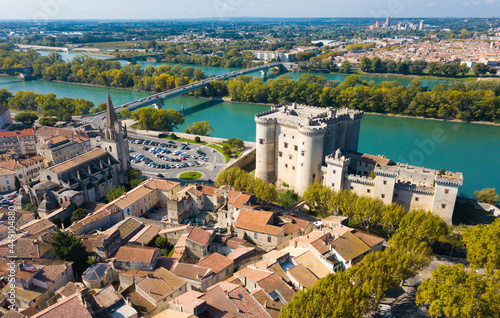 View from drone of castle of Tarascon and river Rhone, France