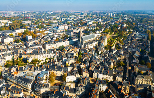 Aerial view of autumn Blois cityscape with Gothic Roman Catholic cathedral of St. Louis, France