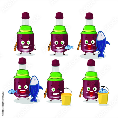 A fisherman ginjiha bottle cartoon picture catch a big fish. Vector illustration