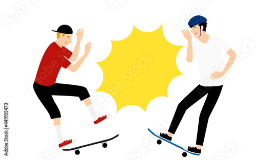 スケートボードのトラブルシーン、他のスケーターと衝突する男性
