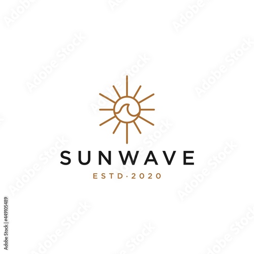 elegant hipster gold sun sunset sunrise with beach ocean sea water logo icon vector in trendy line linear,  outline logo vector for hotel 