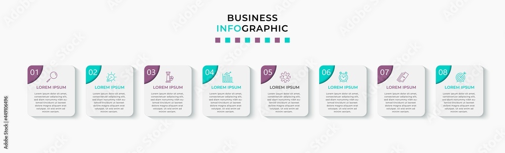 Vector Infographic design business template with icons and 8 options or steps. Can be used for process diagram, presentations, workflow layout, banner, flow chart, info graph Vector Infographic design business template with icons and 8 options or steps. Can be used for process diagram, presentations, workflow layout, banner, flow chart, info graph