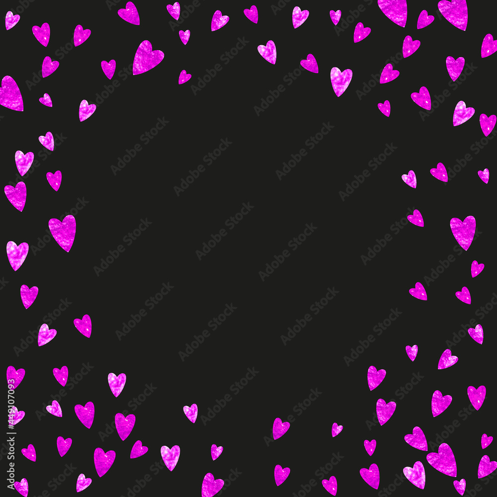 Valentines day heart with pink glitter sparkles. February 14th day. Vector confetti for valentines day heart template. Grunge hand drawn texture. Love theme for party invite, retail offer and ad.