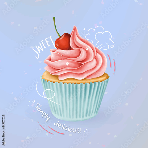 Hand drawn cherry cupcake vector