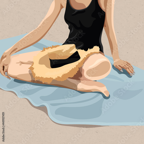 Girl sitting on a beach towel with a straw hat in her lap vector