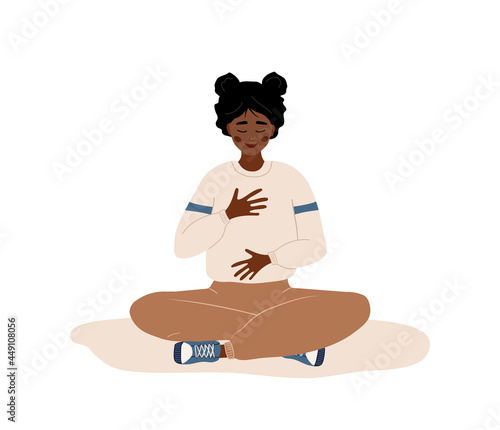 Abdominal breathing. African woman practicing belly breathing for relaxation. Breath awareness yoga exercise. Meditation for body, mind and emotions. Spiritual practice. Cartoon vector illustration.