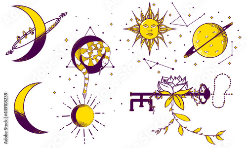 
Set of hand drawn elements in mystic style.
Astrology, Rose, Snake, Sun, Moon.
Vector illustration for sticker and printable.