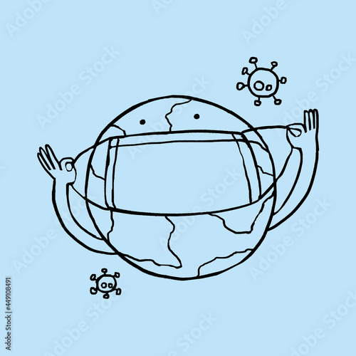 Planet earth wearing a face mask against coronavirus pandemic element doodle vector
