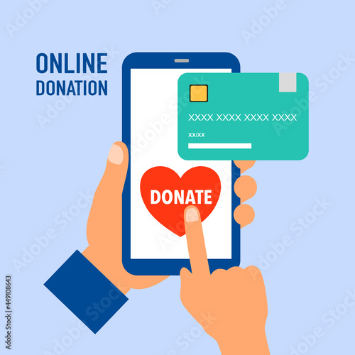 Hand holding smartphone and making online donation via credit card. Time for charity concept vector illustration.
