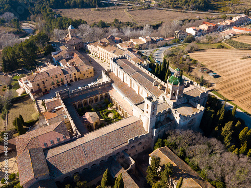 Panoramic view from drone of museum complex of Spanish Monastery of Santa Maria de Santes Creus photo