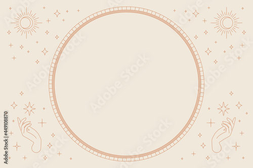 Two open hands vector round frame linear style on beige background