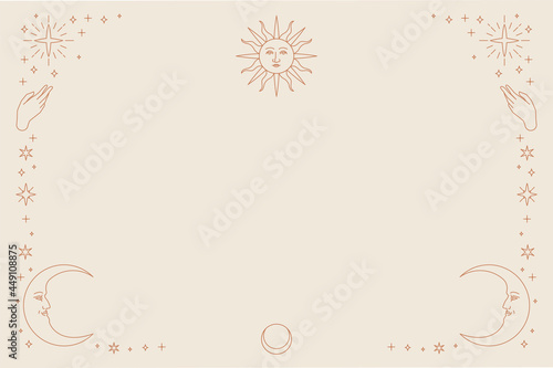 Gold celestial vector sun and crescent moon monoline background on beige