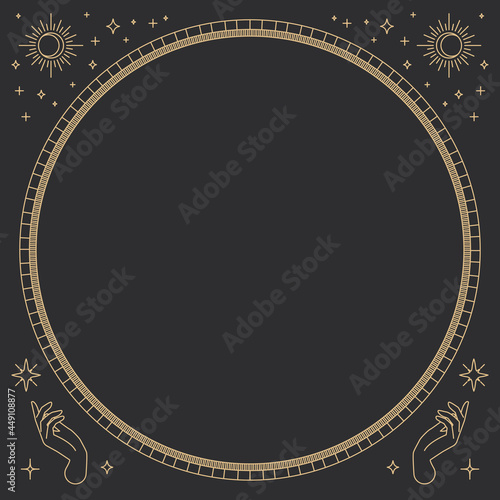 Two open hands vector round frame linear style on black background