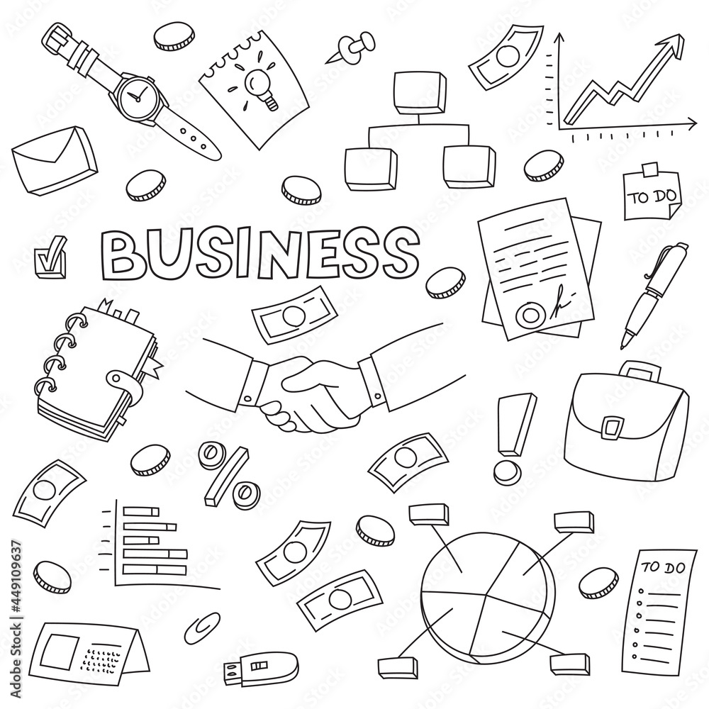 Business doodle set. Hand drawn sketch. Coloring page. Vector illustration isolated on white background. Business doodle set. Hand drawn sketch. Coloring page. Vector illustration isolated on white background.