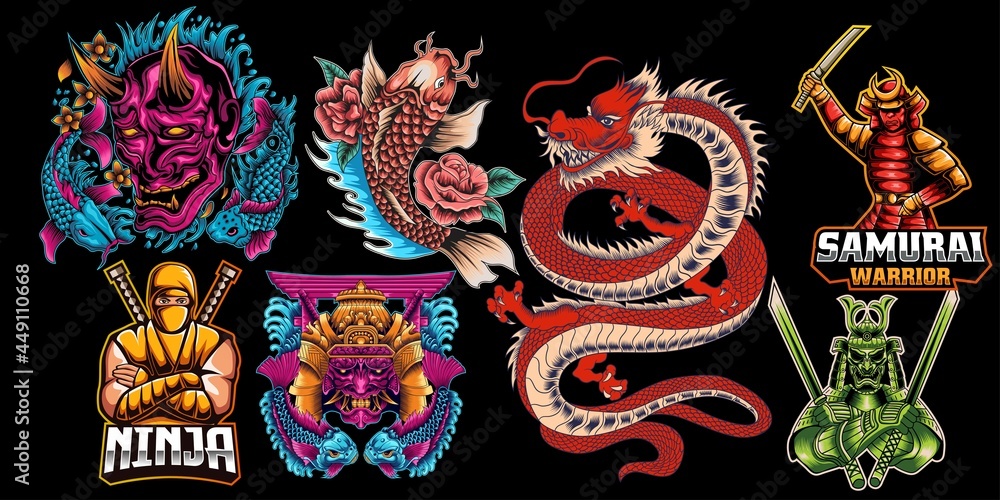 Japanese traditional colorful elements set with dragon samurai katanas torii gate koi fish bushido ninja sea waves chrysanthemum and sakura flowers isolated vector illustration Japanese traditional colorful elements set with dragon samurai katanas torii gate koi fish bushido ninja sea waves chrysanthemum and sakura flowers isolated vector illustration