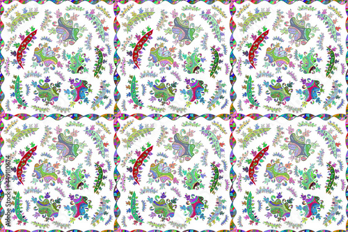 Seamless pattern with interesting doodles on colorfil background. Pano. Raster illustration.