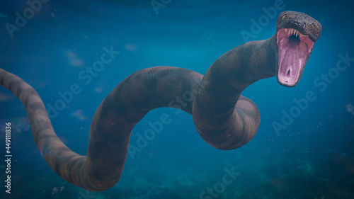 Titanoboa under water, the largest snake that ever lived © dottedyeti
