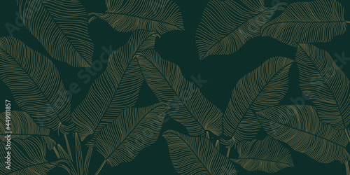 Luxury nature gold leaves line art  background vector. Floral pattern, Golden tropical plant hand drown line art. Natural green and dark wallpaper. Vector illustration.