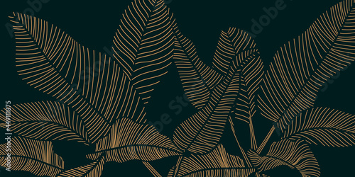 Luxury nature gold leaves line art  background vector. Floral pattern, Golden tropical plant hand drown line art. Natural green and dark wallpaper. Vector illustration.