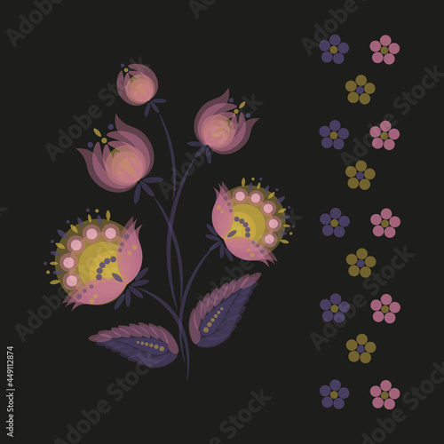 flower bouquet folk style black background