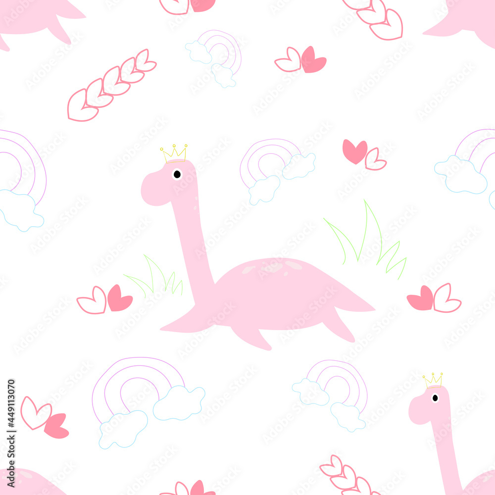 Naklejka premium Seamless Pink Dinosaur. For wall decoration Kindergarten, Nursery, tablecloth, gift wrap, card etc. Illustration abstract art design. Vector EPS10.