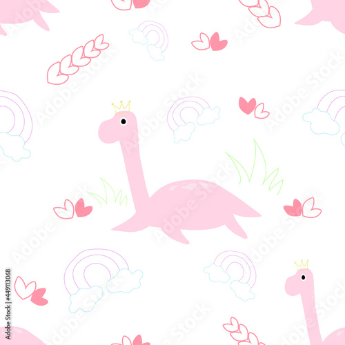 Seamless Pink Dinosaur. For wall decoration Kindergarten, Nursery, tablecloth, gift wrap, card etc. Illustration abstract art design.