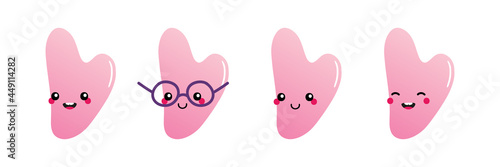 Set, collection of cute smiling cartoon style pink stone, rose quartz gua sha beauty tool characters for massage related design.
