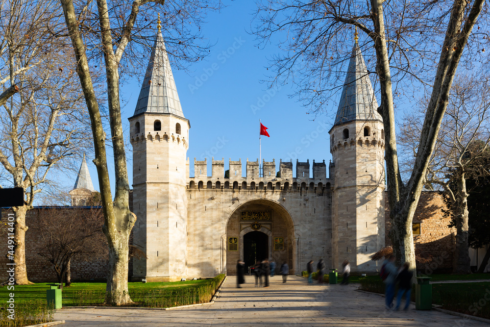 Historical medieval gate of Topkapi palace at sunny winter day, Istanbul, Turkey