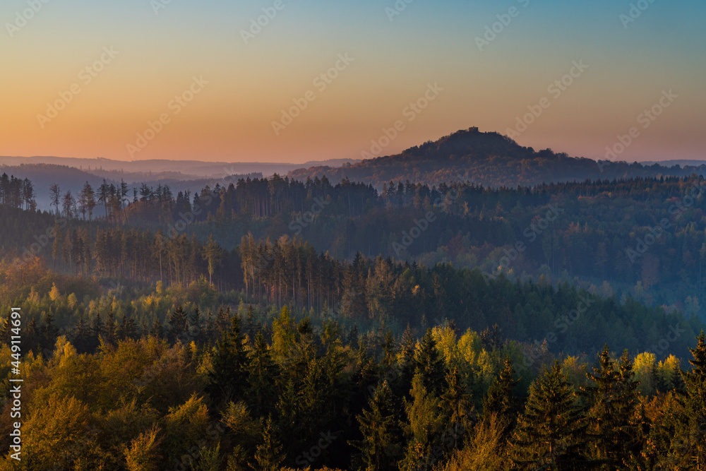 Autumn scenery after sunrise, Andelska Hora, Czech republic. View from Semnicka rock